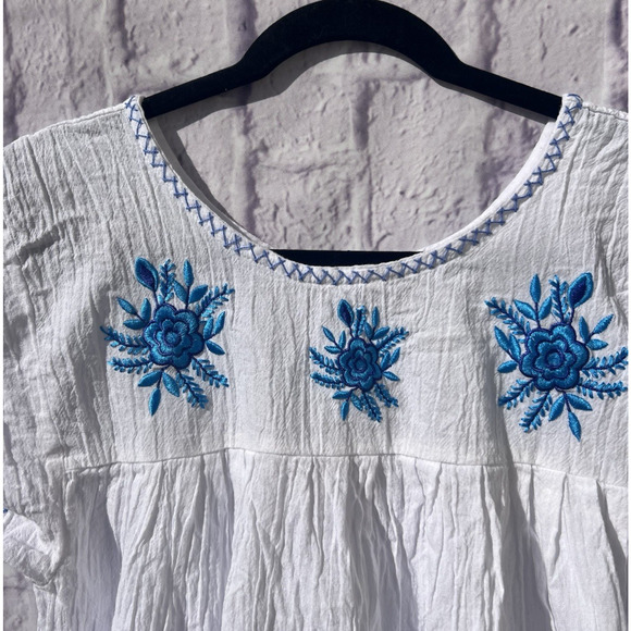 Ethnic Boho Peasant Embroidered Floral Gauze Midi Huipil Caftan Dress Ecuador M - Picture 3 of 7